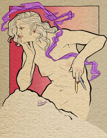 A Drawing of Pannacotta Fugo from Jojo&#39;s Bizarre Adventure: Golden Wind, drawn in the style of Alphonse Mucha&#39;s ad for Salon de Cent.