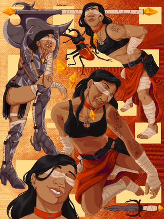 A collage of a dnd paladin in different poses and outfits.