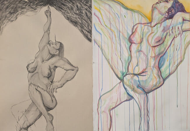 A suni ink/watercolor diptych of two nude figures.