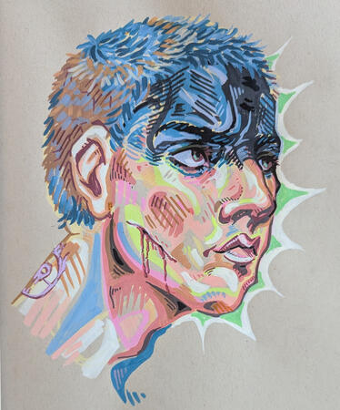 A paint-marker drawing Charlize Theron as Furiosa in Mad Max: Fury Road