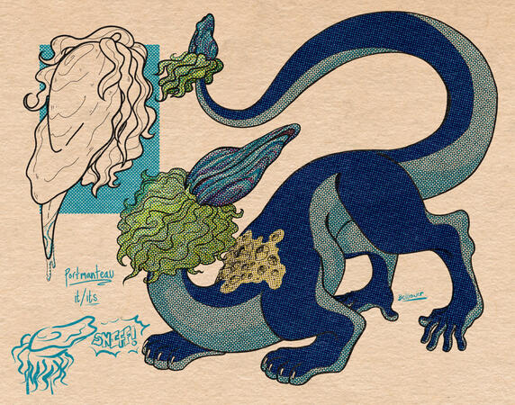 A drawing of Portmanteau, a playful chimera creature.