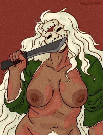 A drawing of a heavily scarred woman holding a machete, wearing a hockey mask.